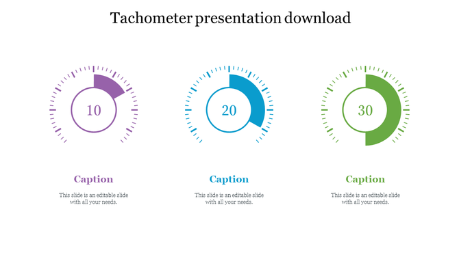 Tachometer PowerPoint slide with gauges indicating 10, 20, and 30 with captions for each.