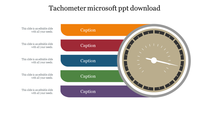 Slide with a beige circular tachometer on the right and five colorful horizontal bars with captions on the left.