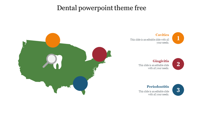 Green map with three colored markers and a tooth icon, linking to labeled dental conditions in orange, red, and blue.