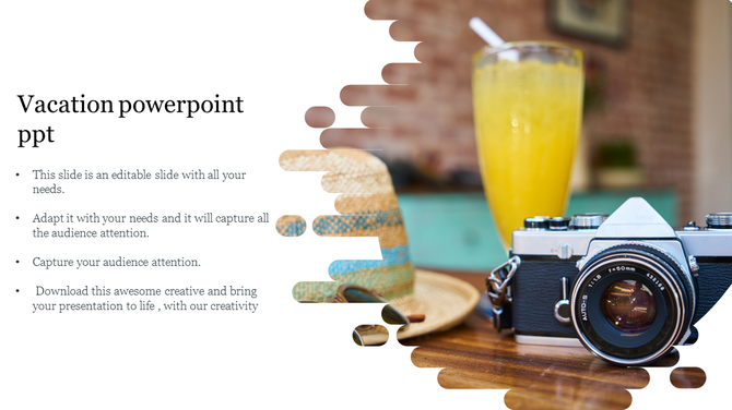 Travel slide featuring a vintage camera, refreshing drink, and straw hat, creatively fading into a clean text section.