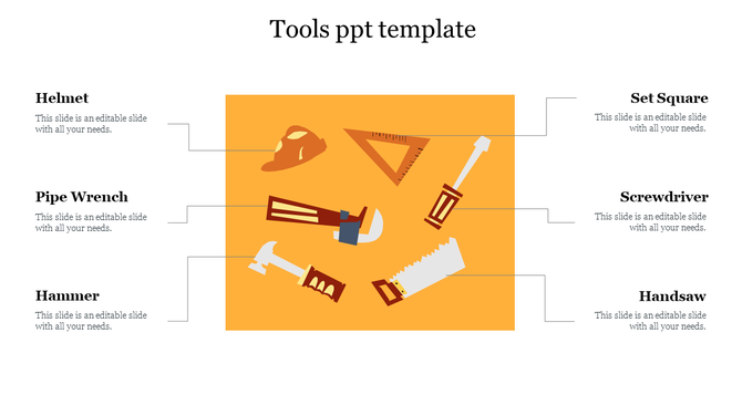 Flat tool illustrations like helmet, wrench, and handsaw on orange background, with captions linked by connector lines.