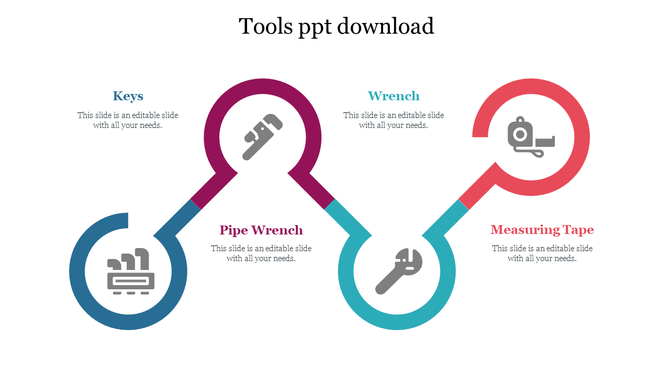 Tools slide with 4 colorful circular loops connected by lines, each containing an icon and text area.