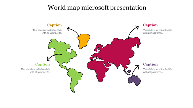 Colorful world map with outlined continents in green, red, yellow, and purple, each linked to a caption with arrows.