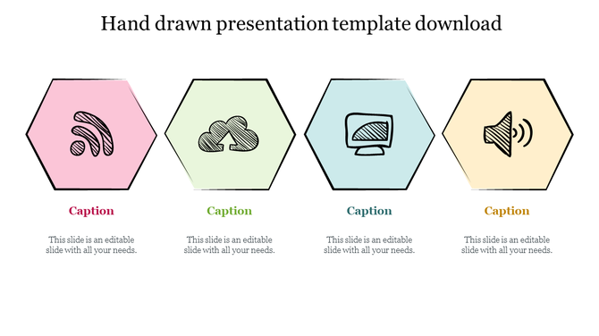 Hand drawn slide with four pastel hexagons in pink, green, blue, and yellow, each containing an icon and a caption below.