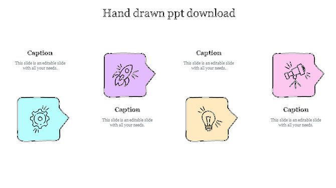 Hand drawn PowerPoint template featuring colorful icons of a rocket, gear, lightbulb, and telescope with captions below.