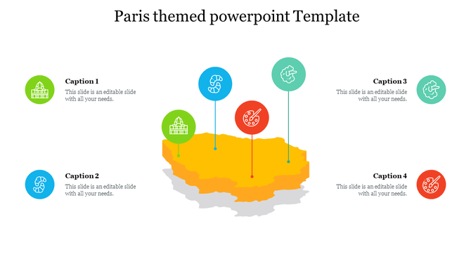 Paris-themed infographic showing a yellow map with icons representing landmarks and activities, connected to caption areas.