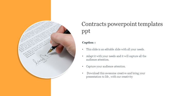 Slide with a circular frame of signing hand image on an orange background, alongside a bulleted text about the contract.