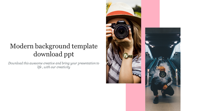 A modern PowerPoint slide with a creative photography theme, featuring two individuals holding cameras with placeholder text.
