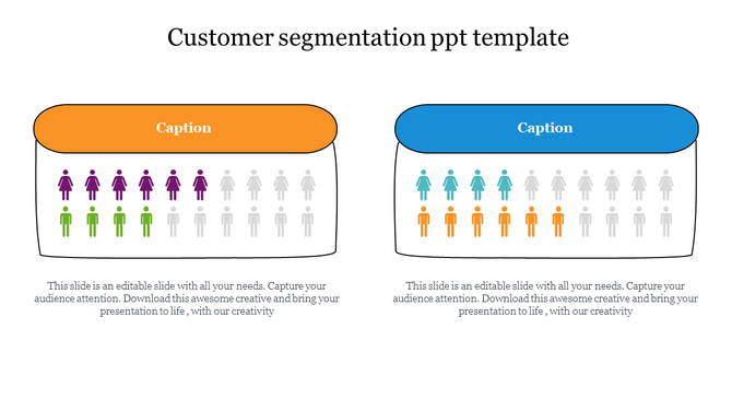 Customer segmentation graphic with grouped male and female icons in purple, green, teal, and orange beneath color tabs.