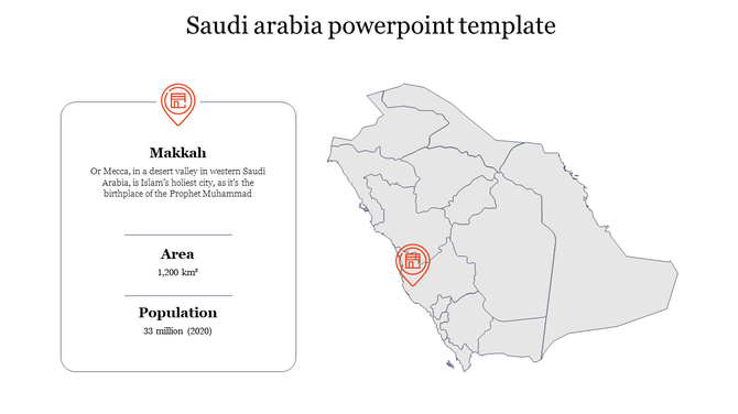 Slide showing Makkah on the Saudi Arabia map, alongside a detailed information box about its area and population.
