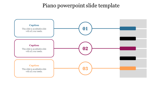 Piano slide layout with three horizontal rows, each connecting a caption, number circle, and colored piano key.