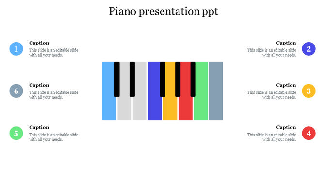 Colorful piano keyboard graphic at center with six numbered captions on either side linked to matching colored keys.