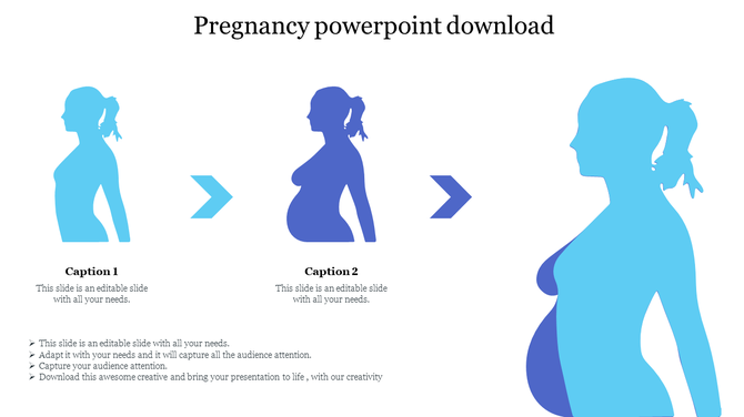 Three silhouettes of a pregnant woman at different stages of pregnancy, each with placeholder text below.