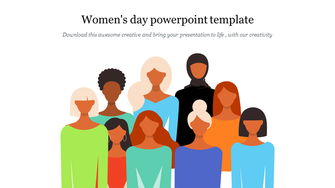 The women's Day slide features a group of diverse women in various outfits symbolizing inclusivity and diversity.