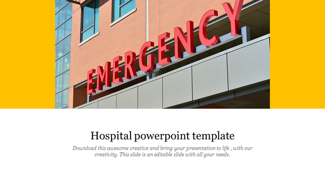 Slide with a red sign on a modern hospital building, with a yellow header and white text area below.