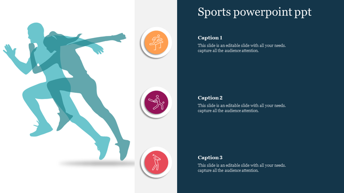 Sports themed slide with two layered blue runner silhouettes and three circular icons, on a dark blue content section.