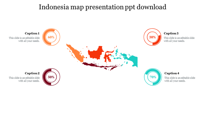 Indonesia map presentation slide with colorful percentage icons and data with placeholder text.