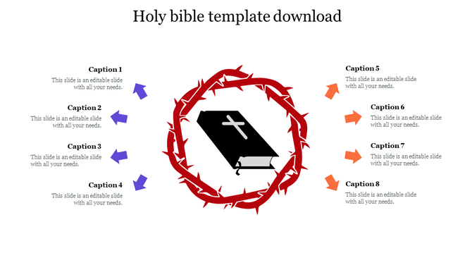  Holy Bible template featuring a Bible icon surrounded by arrows and a crown of thorns, representing a flow.