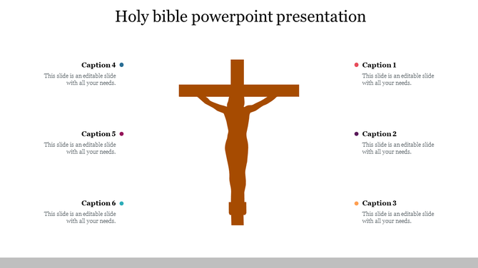 Holy Bible slide featuring a cross with Jesus figure, surrounded by editable caption areas.