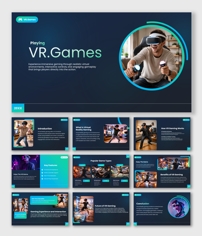 Virtual reality gaming presentation highlighting immersive gameplay, motion controls, game types, interaction and VR.