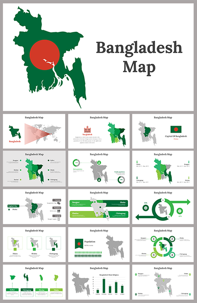 Bangladesh map slide deck featuring green illustrations, flag symbols, and demographic data visualizations.