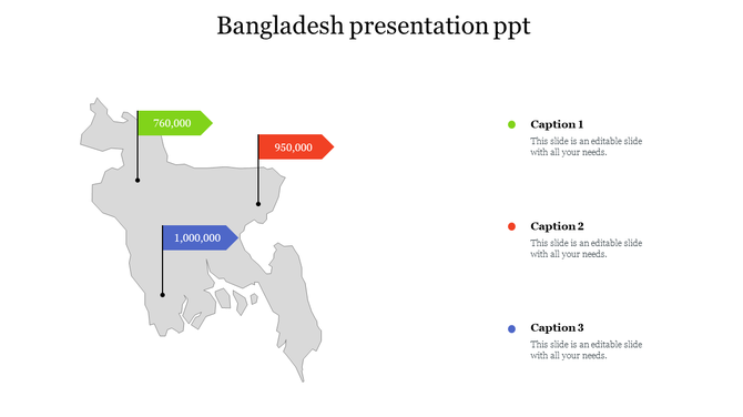 Bangladesh map in gray with green, red, and blue flag markers showing population data and captions to the right.
