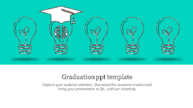 Row of five light bulbs with a teal background, one featuring a graduation cap and brain design, with text below.