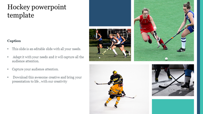 Collage-style hockey template featuring images of field hockey and ice hockey players in action.