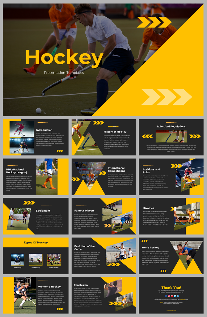 Slide deck on hockey with yellow and black design, covering topics such as positions, international tournaments, and gear.