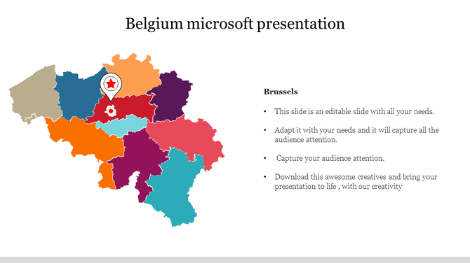 Belgium map divided into regions, with a pin marking Brussels next to a placeholder text areas.