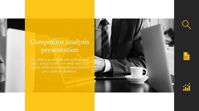 Competitor analysis presentation slide with a professional image of a businessman working on a laptop with text area.