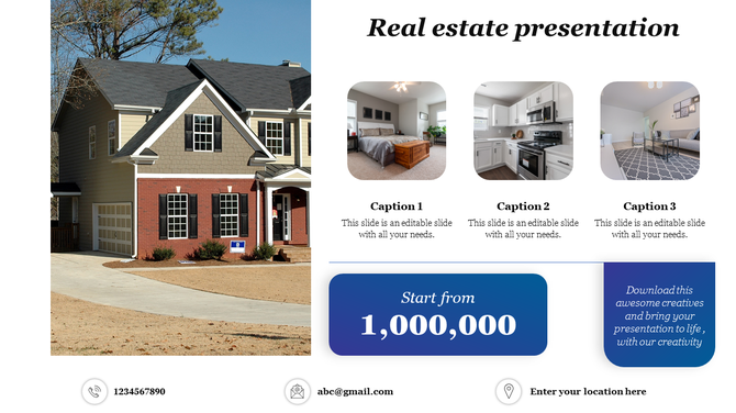 Real estate slide with a house image, three interior pictures on the right, and a blue price tag with contact details.