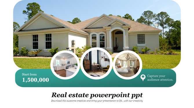 Real estate presentation slide with images of a house, kitchen, living room, and bedroom.