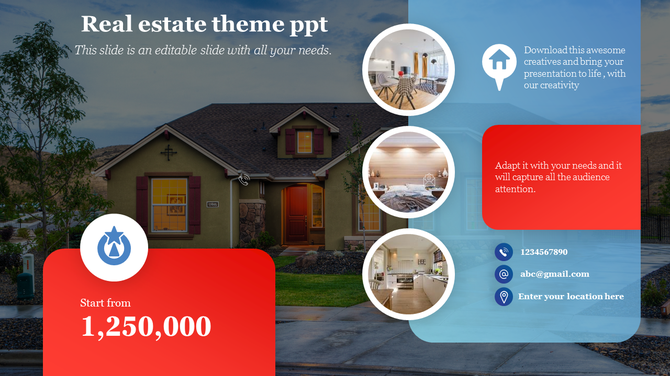 Real estate promotional slide featuring a house, interior images, and  with neccessary contact details.
