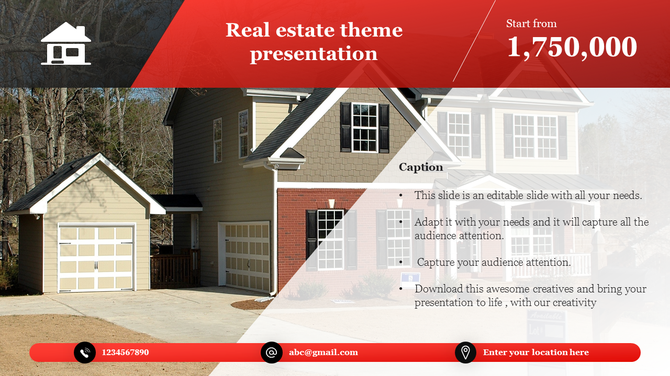Real estate slide with a house image, red price banner, and caption area with bullet points over a transparent overlay.