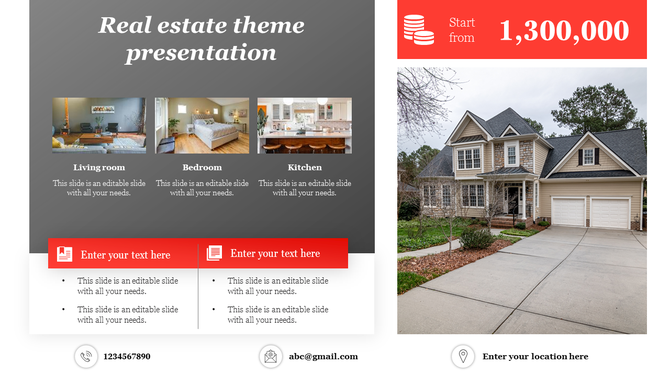 Real estate slide featuring a luxury house, red price details, interior images, and contact information at the bottom.