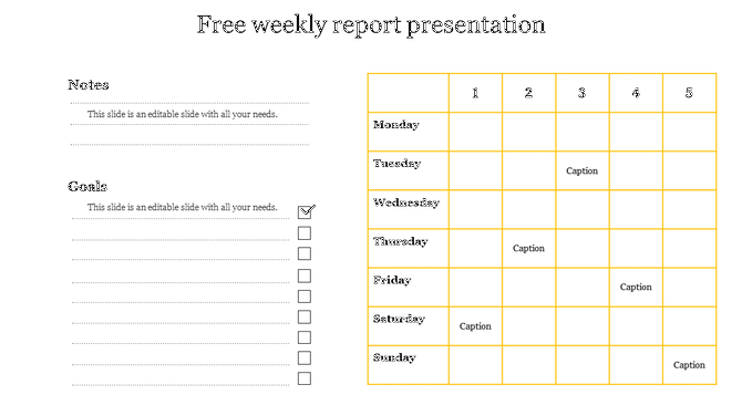 Weekly report layout with a goals checklist on the left and a yellow bordered table for days and columns on the right.