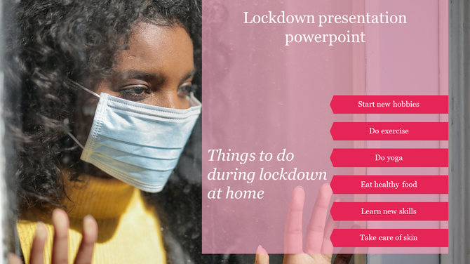 Woman with a mask showing activity list for doing at home during the covid lockdown time with pink listed ponts.