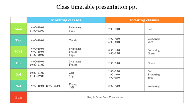 Class Timetable Presentation PPT Slide Designs