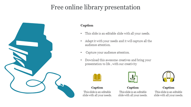 Online Library slide with computer graphic, bullet list, and icon caption areas placed in a white backdrop.