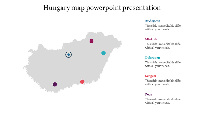 Hungary map with colored markers for cities, including Budapest, and color-coded caption areas on the right.