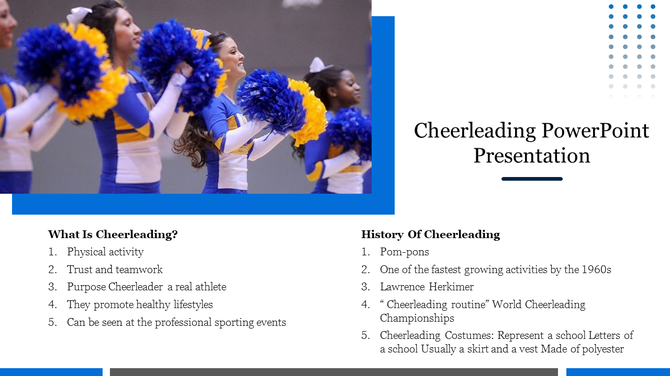Cheerleaders with blue and yellow pom poms, alongside two columns of text discussing the history and purpose.