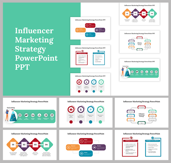 A pack of slides showcasing strategies for influencer marketing, featuring colorful graphics and organized layouts.
