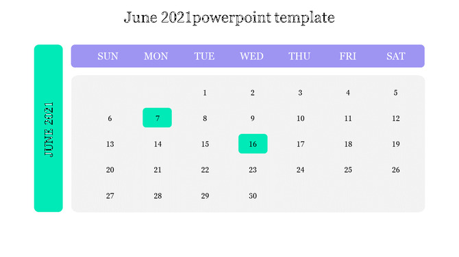 Minimal June 2021 calendar layout with Sunday to Saturday columns and green highlights on two dates.
