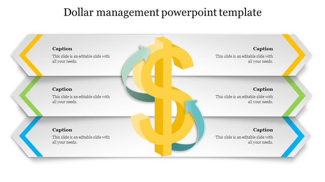 PowerPoint slide with a dollar sign in the center surrounded by arrows in various colors representing dollar management.