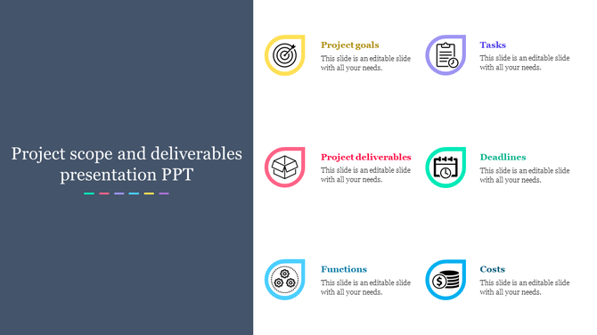 Six colorful icons with text on the right, and title on a split slide of white and dark blue background.