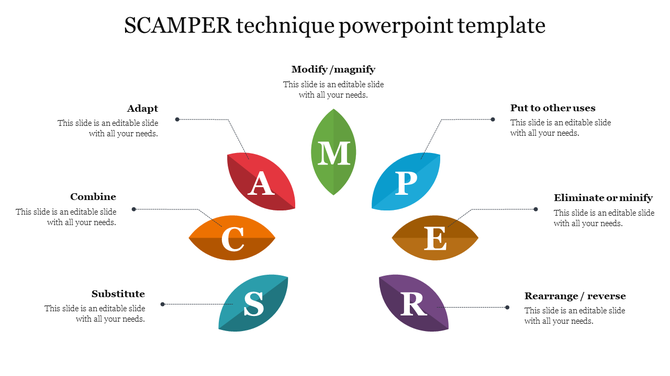 Seven colorful leaf shaped elements labeled with letters, arranged in a circular layout.