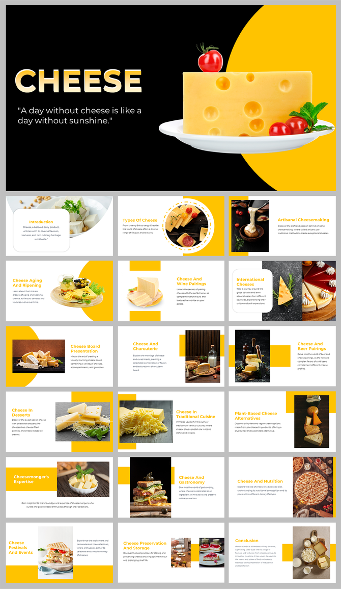 A pack of cheese slides featuring a cheese block, cherry tomatoes, and a quote covering various topics with images.