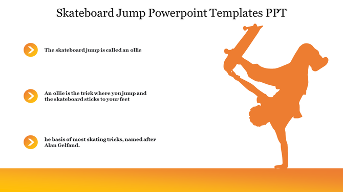 Skateboard jump PowerPoint template with skater silhouette on an orange theme with three text sections.