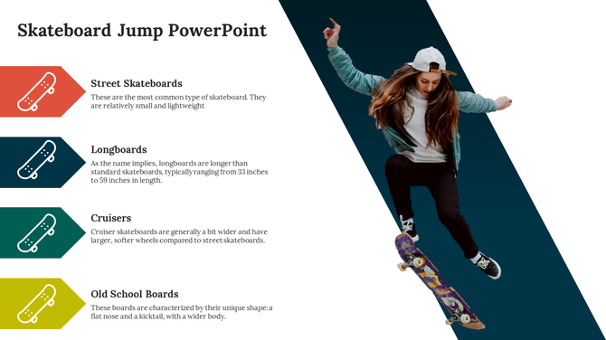 Skateboard jump PowerPoint template with four types from street skateboards to old school boards with text descriptions.